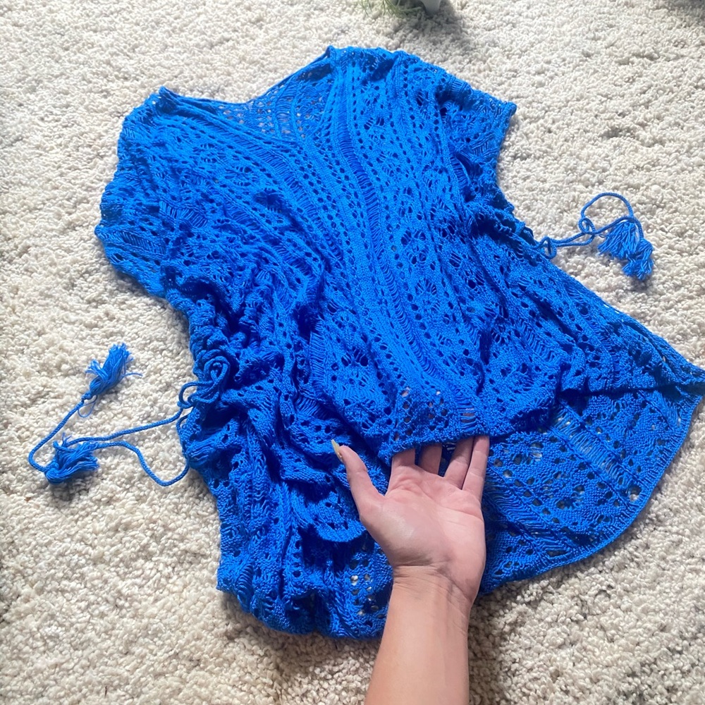 Large bright blue woven beach cover up dress - Picture 1 of 3
